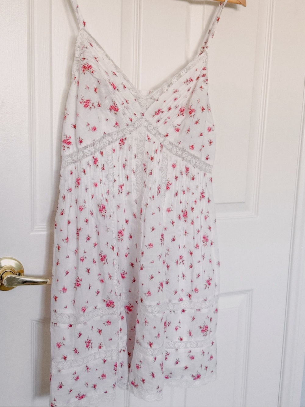 LoveShackFancy White Chemise with Pink Floral Print and Lace Trim